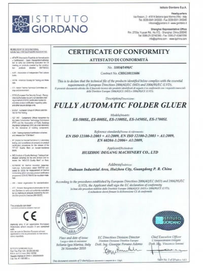 Certificación CE de la PLEGADORA ENCOLADORA COMPLETAMENTE AUTOMÁTICA