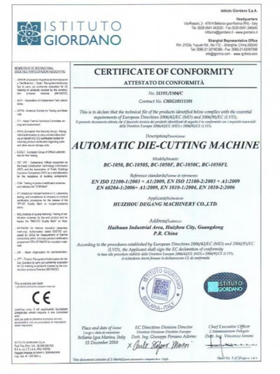 Certificación CE de la TROQUELADORA PLANA COMPLETAMENTE AUTOMÁTICA