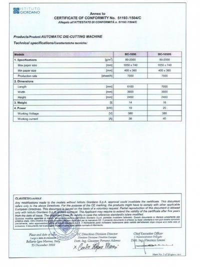 Certificación CE de la TROQUELADORA PLANA COMPLETAMENTE AUTOMÁTICA