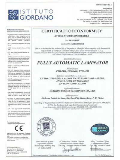 Certificación CE de la CONTRAENCOLADORA COMPLETAMENTE AUTOMÁTICA
